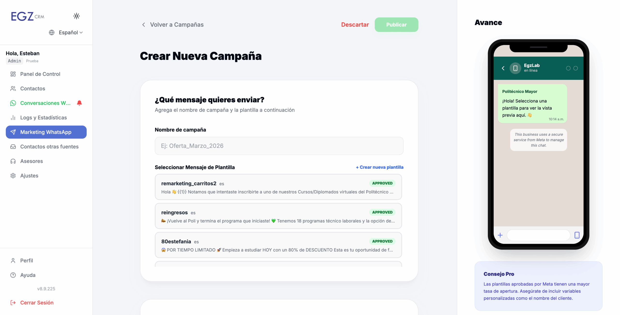 WhatsApp Marketing EGZ CRM — crear campaña